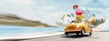 Orange retro car with luggage and beach accessories in a rush for summer vacation. Summer travel concept background. Royalty Free Stock Photo