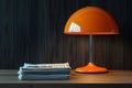 Orange retro lamp with dome-shaped shade on a wooden table Ai photo Royalty Free Stock Photo