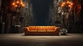 Orange Retro Shiny Leather Couch Dramatic Interior Background Royalty Free Stock Photo