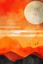 Orange Retro Sunset Abstract Watercolor Painting . Royalty Free Stock Photo