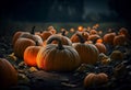 Orange ripe harvest of pumpkins lies for sale in the farmer's market on Halloween. AI generated Royalty Free Stock Photo