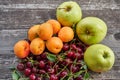 Orange riped peaches, green apples, red gooseberries and sour cherries