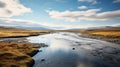 Arctic Circle River: A Serene Pastoral Scene With Light Amber And Sky-blue