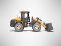 Orange road car wheel bulldozer 3D rendering on gray background with shadow
