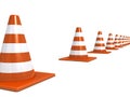 Orange road under construction cones on white