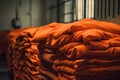 Orange robe prisoners heap clothes. Generate ai