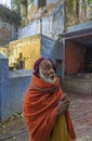 Orange-robed Sadhu Indian Monk Holy man inside Vintage Mataji or Devi