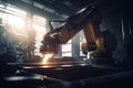 Orange robot arm performs welding work in manufacturing. Automation welding robotic arm machine for industrial. Generative AI Royalty Free Stock Photo