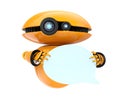 Orange robot holding blank chat bubble on white background Royalty Free Stock Photo