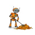 Orange Robot Raking Autumn Leaves Royalty Free Stock Photo