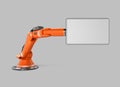 Orange robotic arm holding a blank sign board