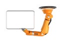 Orange robotic ceiling arm holding blank monitor for copy space