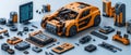 Orange robotic model car with assorted mechanical parts and components