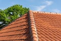 Orange roof tile pattern over blue and cloudy spring sky day and green tree in the background Royalty Free Stock Photo