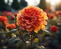 an orange rose blooming in a garden at sunset