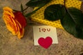 Orange rose, gift covered in hearted paper and note I love you Royalty Free Stock Photo