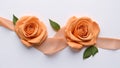 Orange rose with ribbon on white background, top view. Space for text