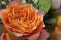 a orange rose surrounded by other white and pink flowers in a glass vase Royalty Free Stock Photo