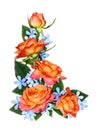 Orange roses amv small blue flowers in corner arrangement