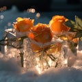 Orange roses frozen in a square ice cube. Generative AI Royalty Free Stock Photo