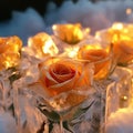 Orange roses frozen in a square ice cube. Generative AI Royalty Free Stock Photo