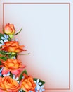 Orange roses and small blue flowers in corner arrangement with a frame Royalty Free Stock Photo