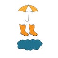 Orange rubber boots and umbrella, vector illustration