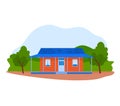 Orange rural house with blue roof, trees, and clear sky. Countryside home, tranquil living vector illustration