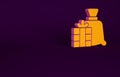 Orange Santa Claus bag gift icon isolated on purple background. Christmas presents sack. Merry Christmas and Happy New