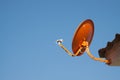 Orange satellite dish with blue sky background