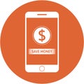 Orange save money and dollars sign design in a flat round button