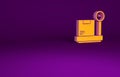 Orange Scale with cardboard box icon isolated on purple background. Logistic and delivery. Weight of delivery package on Royalty Free Stock Photo