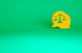 Orange Scales of justice icon isolated on green background. Court of law symbol. Balance scale sign. Minimalism concept Royalty Free Stock Photo