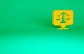 Orange Scales of justice icon isolated on green background. Court of law symbol. Balance scale sign. Minimalism concept Royalty Free Stock Photo