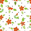 Orange scarlet pimpernel flowers black polka background flat vector illustrati Royalty Free Stock Photo