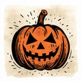 Orange Scary Halloween JackâOâLantern Pumpkin Block Print Illustration