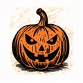 Orange Scary Halloween JackâOâLantern Pumpkin Block Print Illustration