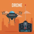 Orange scene city landscape set remote control with black robot drone with metal arms