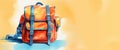 Orange school backpack on blue and orange background, back to school concept with copy space, watercolour illustration Royalty Free Stock Photo