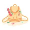 Orange schoolbag in boho style with bright pink peonies