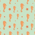 Orange seahorse and starfish seamless pattern background illustration Royalty Free Stock Photo