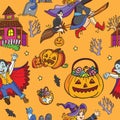 Orange seamless pattern with cartoon Halloween characters Royalty Free Stock Photo