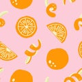 Orange seamless pattern. Exotic tropical mandarin citrus fruit, juicy slice tangerine and peel, cartoon minimalistic isolated