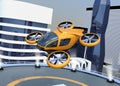 Orange self-driving passenger drone takeoff and landing on the helipad