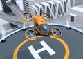 Orange self-driving passenger drone takeoff and landing on the helipad