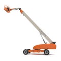 Orange self propelled articulated wheeled lift with telescoping boom and basket on white. 3D illustration