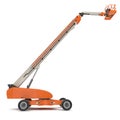 Orange self propelled articulated wheeled lift with telescoping boom and basket on white. 3D illustration