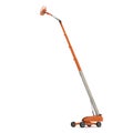 Orange self propelled articulated wheeled lift with telescoping boom and basket on white. 3D illustration