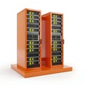 Orange server rack with open doors and illuminated servers Royalty Free Stock Photo