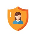 Orange shield with abstract woman icon representing personal security and protection concept Royalty Free Stock Photo